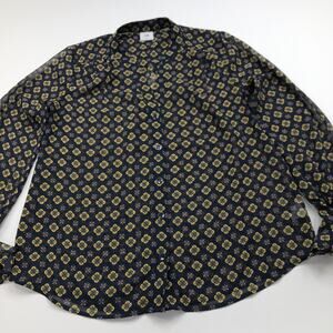 Cabi V-Neck Small Button Long Sleeve All Over Print Medallion Flounce Shirt